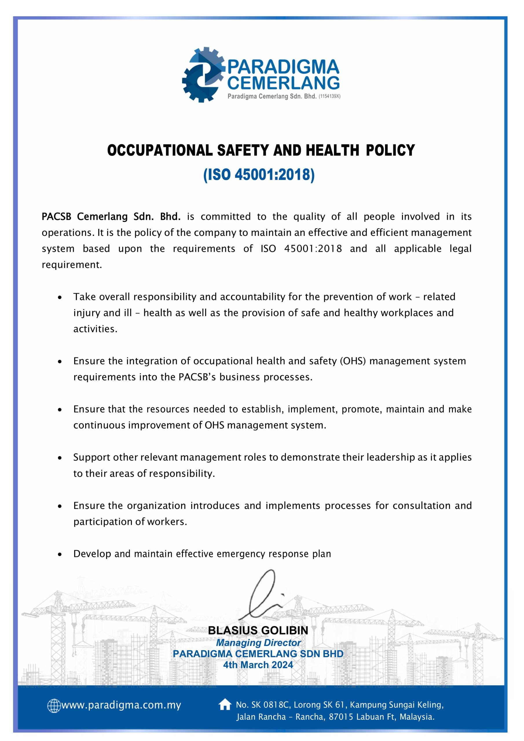 Policy - Occupational Safety and Health