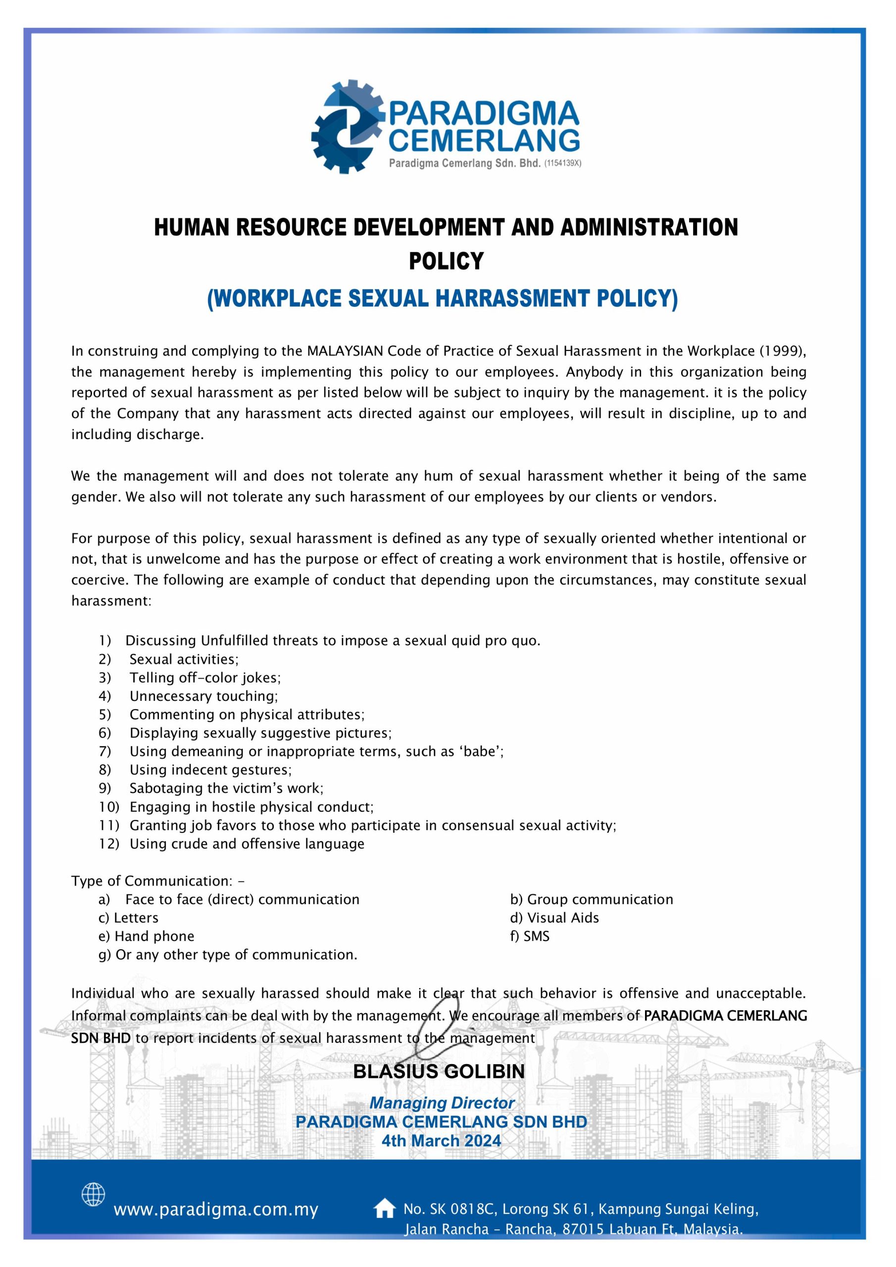 Policy - Workplace Sexual Harrasment